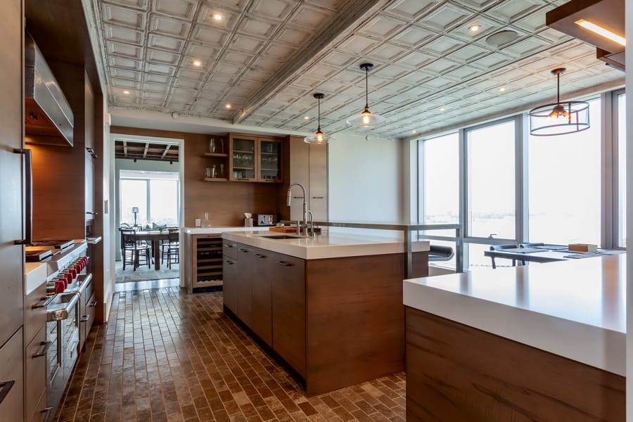 living room with a reclaimed wood ceiling