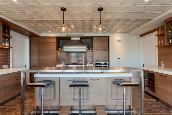 living room with a reclaimed wood ceiling