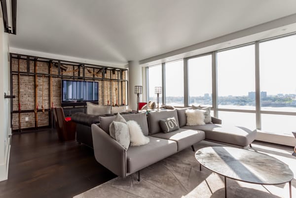 living room with a reclaimed wood ceiling