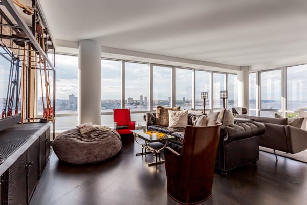 living room with a reclaimed wood ceiling