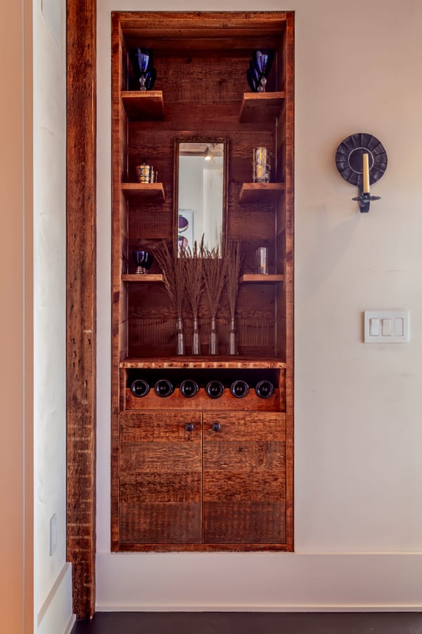living room with a reclaimed wood ceiling