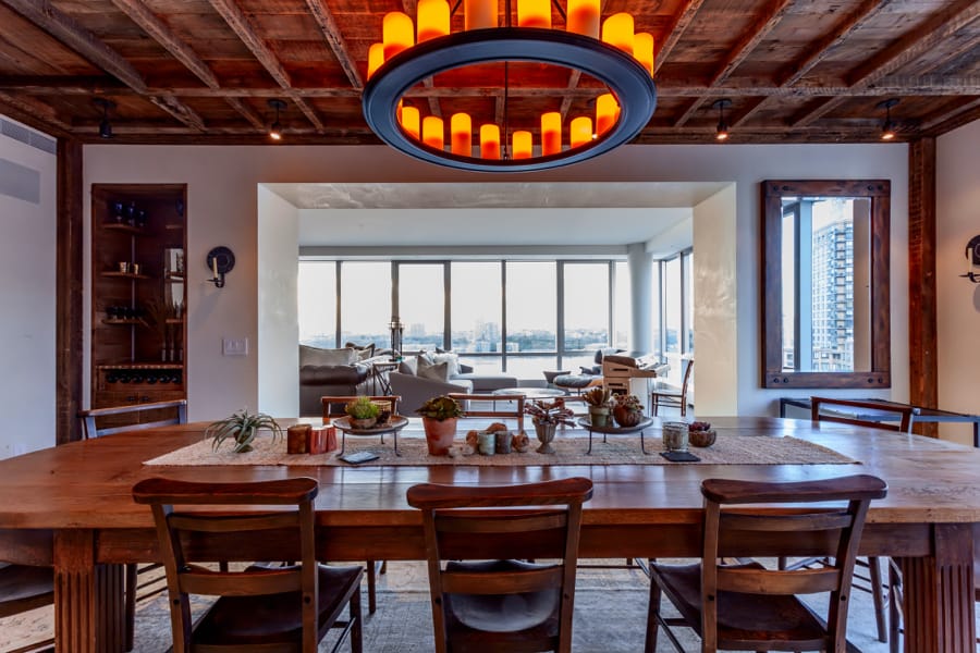 living room with a reclaimed wood ceiling